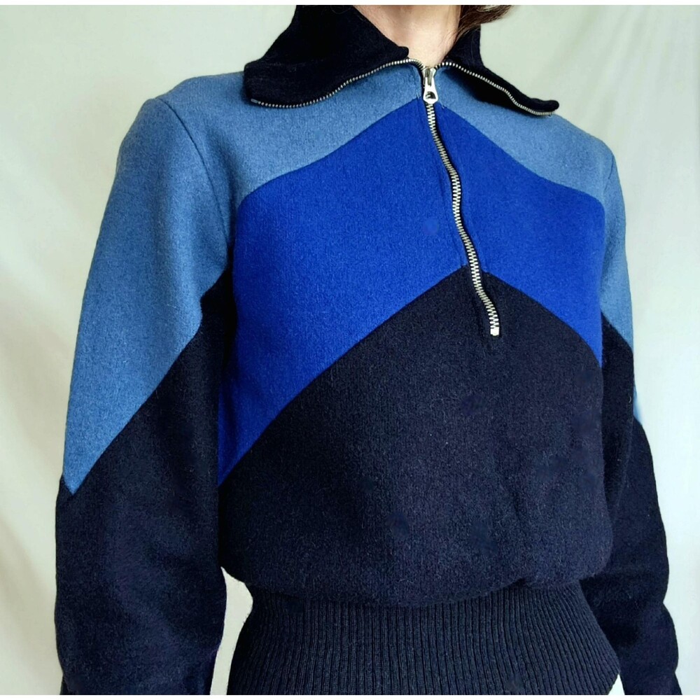 1930s Vintage Blue Wool Ski Sweater: Chevron Colorblock Quarter Zip, Womens XS